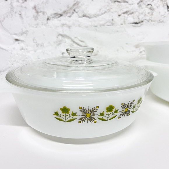 VINTAGE Anchor Hocking Fire King Round Casserole Green Meadow set of x3 - Picture 4 of 9